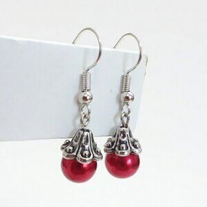 Red Pearl Silver Tone Hook Earrings (faux pearl)